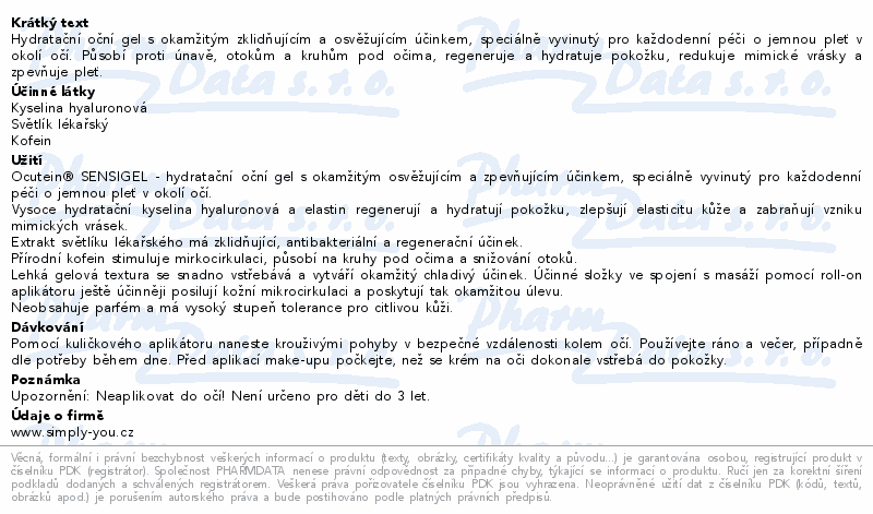 Ocutein Sensitive DaVinci hydratační oční gel 15ml